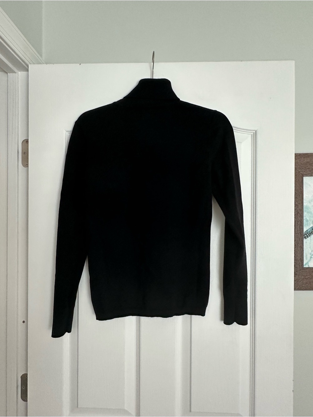 White House Black Market Black Turtleneck Sweater With Gold accents on sleeves. - Picture 3 of 8